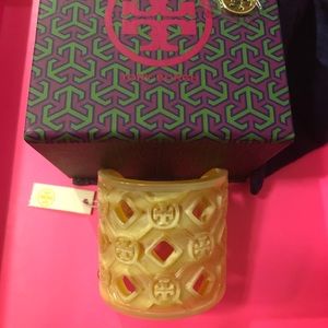 TORY BURCH White Tortoise Perforated Cuff Bracelet